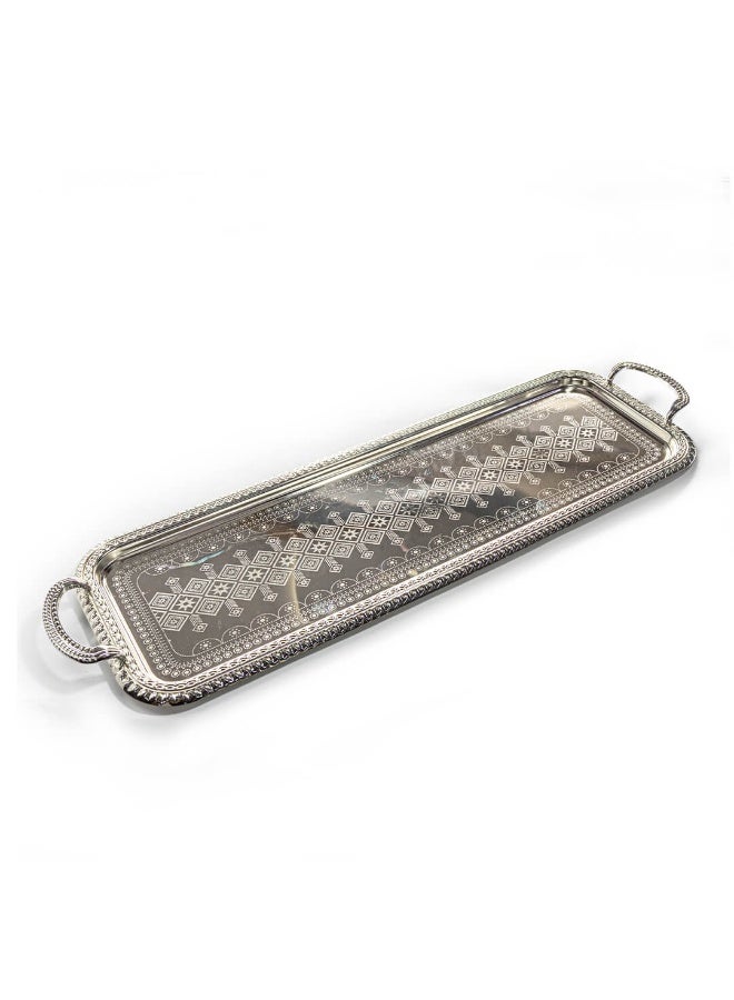 Si Bonne Luxury Rectangular Silver Decorative Serving Tray with Ornate Engraved Design and Side Handles - Image 2